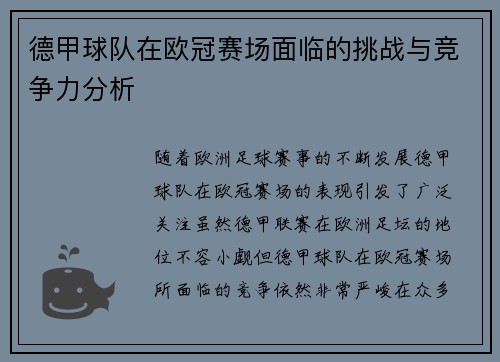 德甲球队在欧冠赛场面临的挑战与竞争力分析