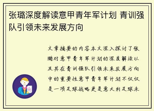 张璐深度解读意甲青年军计划 青训强队引领未来发展方向
