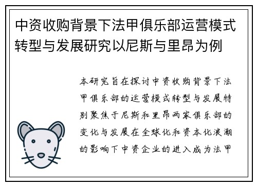 中资收购背景下法甲俱乐部运营模式转型与发展研究以尼斯与里昂为例