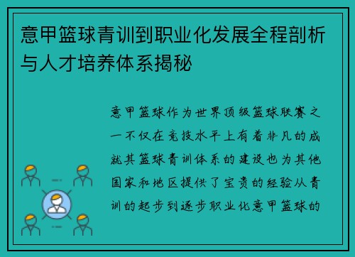 意甲篮球青训到职业化发展全程剖析与人才培养体系揭秘